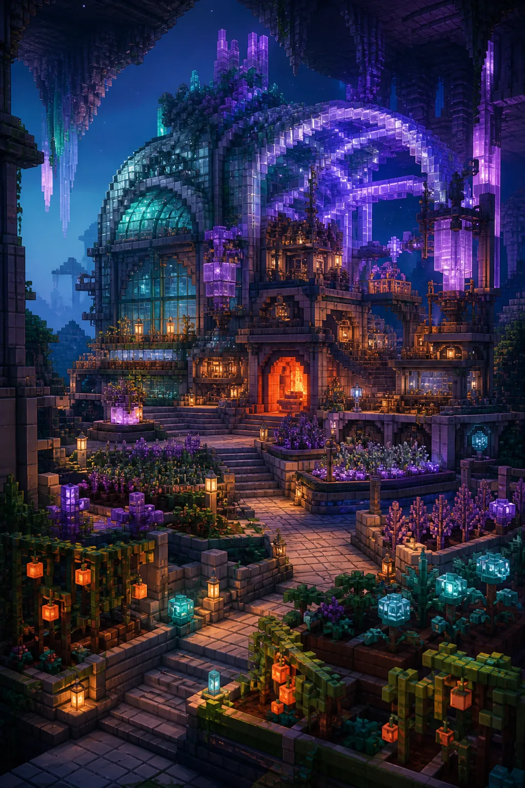 An enchanted greenhouse and forge in a voxel world