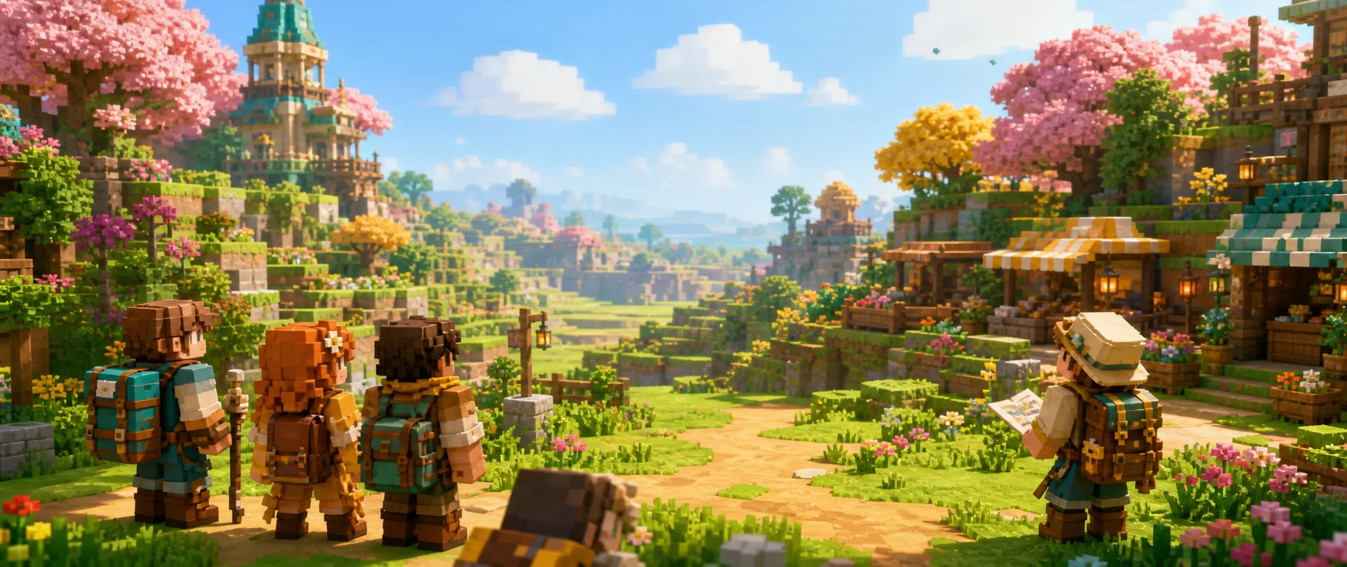 A group of voxel adventurers arriving in a bright Bee Hive valley settlement