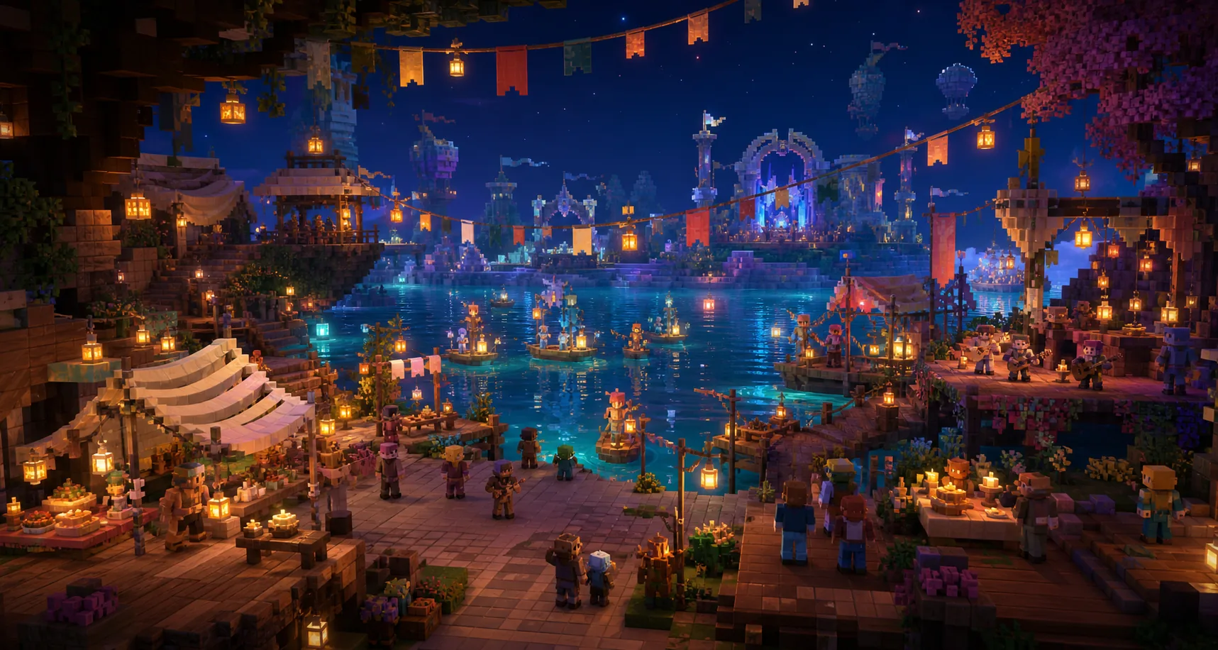 A glowing voxel lantern festival beside the river