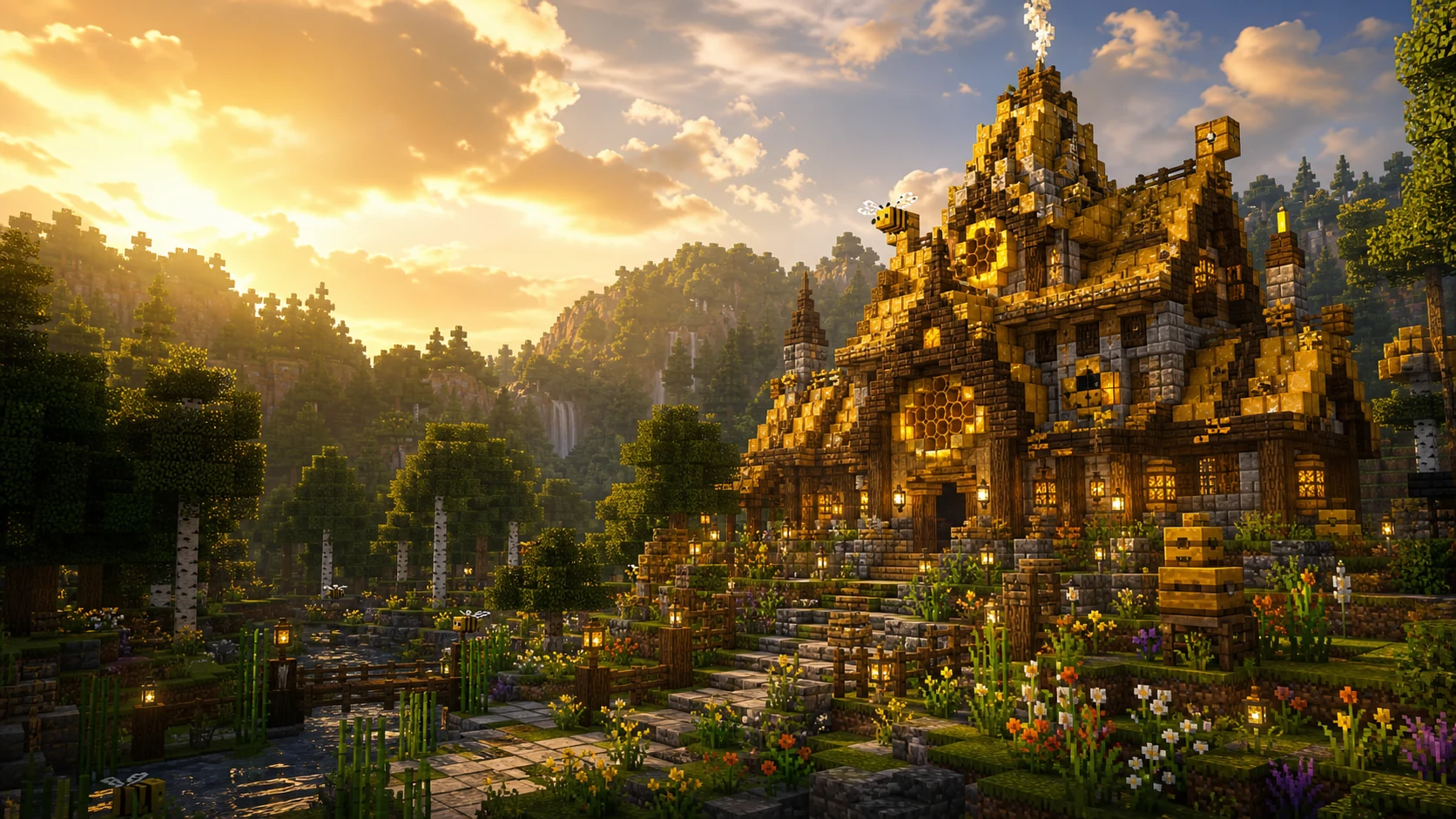 A honey-lit bee inspired survival hall in a lush voxel landscape